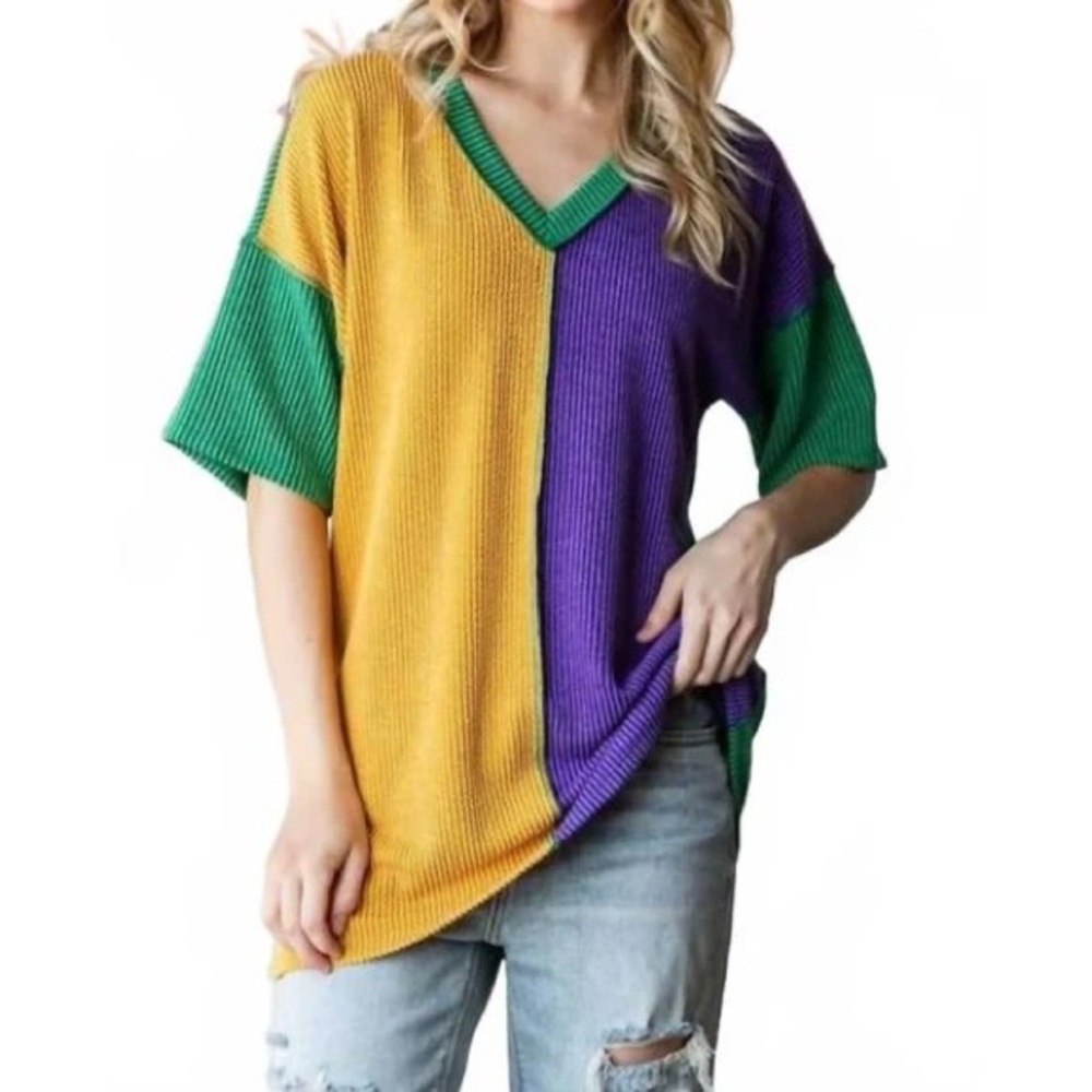 BRAND NEW WITH TAGS Bourbon Street Ribbed Color Block Top Mardi Gras